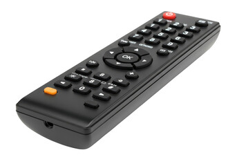 Black remote control for television, isolated on transparent background