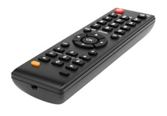 Black remote control for television, isolated on transparent background