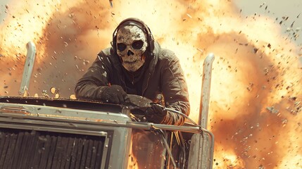 Grim vigilante with skull mask atop vehicle surrounded by explosion and debris.