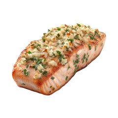 Delicious and Healthy Grilled Salmon Steak with Herb Topping on transparent background
