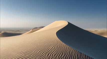 Minimalist desert landscape featuring a single curved sand dune in the foreground with a smooth edge leading from bottom left to center,ultra-clean composition, no shadows or vegetation