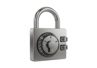 Silver combination padlock with a dial and number buttons, isolated on transparent background