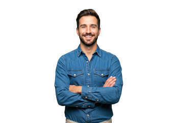Smiling man with crossed arms wearing a blue denim shirt, isolated on transparent background