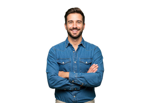 Smiling man with crossed arms wearing a blue denim shirt, isolated on transparent background