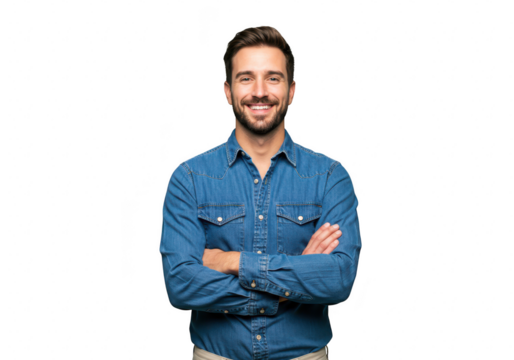 Smiling man with crossed arms wearing a blue denim shirt, isolated on transparent background