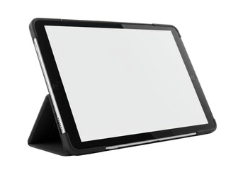 Modern tablet computer with blank screen in black case with stand, isolated on transparent background