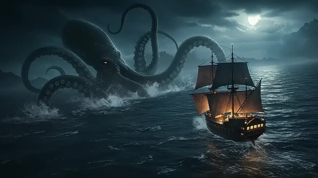 Giant octopus attacks ship at night near rocky coast