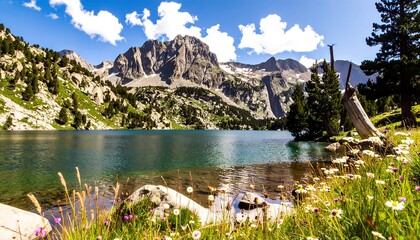 Serene mountain lake nestled amidst wildflowers, clear turquoise waters reflecting the rugged peaks under a vibrant sky