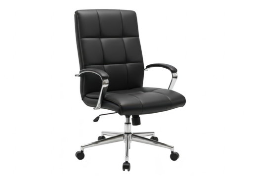 A modern black leather office chair with chrome accents isolated on a transparent background