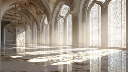 Fototapeta premium Grand arched hall with ornate windows, bathed in sunlight