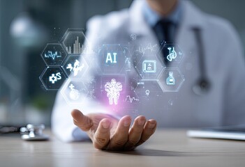 Doctor holds holographic AI medical interface