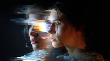 Ethereal Portrait: Double Exposure of a Woman's Face with Light and Smoke