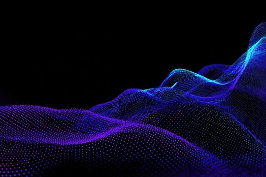 Abstract digital landscape of swirling, dotted, vibrant blue and purple particles on a black background