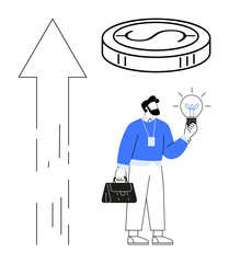 Businessman with briefcase holding illuminated lightbulb, upward arrow symbolizing growth, with a coin above. Ideal for business, financial success, innovation, creativity, entrepreneurship, idea
