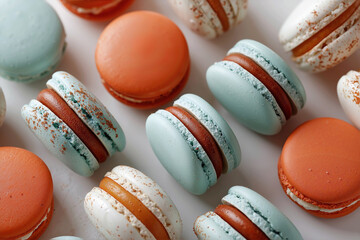 Fototapeta premium Vibrant and Colorful Macarons in a Visually Pleasing Arrangement of Orange, Teal, and Red with Soft Lighting on a White Background, Perfect for Social Media and Marketing