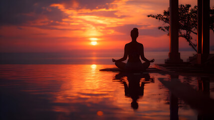 Woman Meditating at Sunset by the Ocean