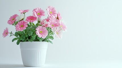 Pink gerbera daisies in a white pot on a white background.
