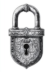 Ornate metal padlock, detailed engraving