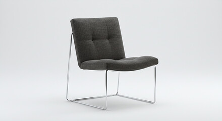 Fototapeta premium Elegant modern gray upholstered lounge chair with a tufted back and sleek chrome sled base. A conceptual piece for minimalist interior design.