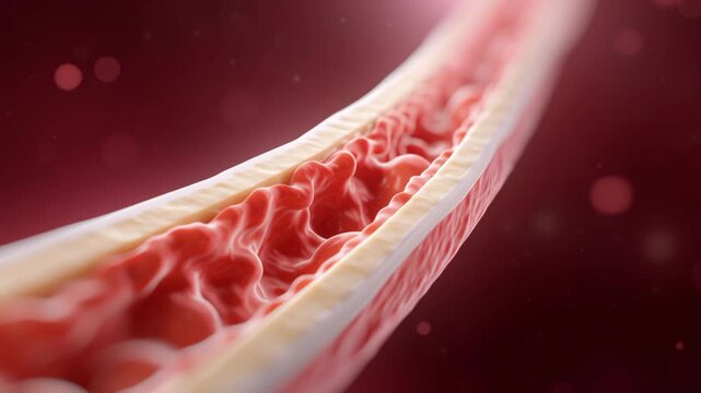 Esophagus close up showing smooth muscle contraction around food bolus with detailed tissue layers digestive tract medical illustration red pink tones