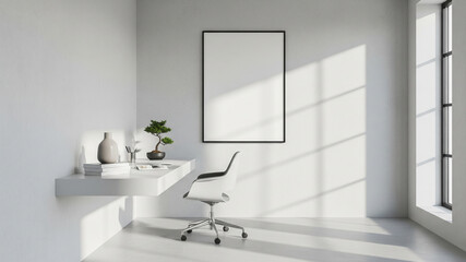 Minimalist home office interior with floating white desk, modern chair, decorative vase, bonsai plant, stack of books, large window with natural light, vertical empty frame mockup, stylish workspace 