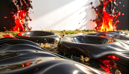Black Liquid Splashes on Grass, Outdoor Scene
