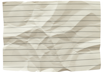 Crumpled lined paper sheet isolated on transparent background with a textured surface and horizontal lines, representing old or vintage documents and notes