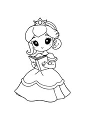 Kawaii Princess with Book Line Art