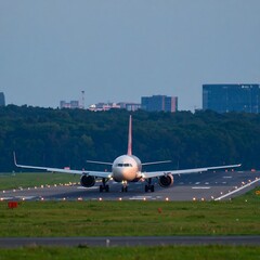 Airplane on runway, city skyline in background