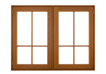 Wooden window frame with glass panes isolated on transparent background for architectural design element, home or building construction