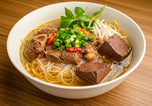 Aromatic and spicy Bun Bo Hue, a classic Vietnamese beef noodle soup, with tender beef, pig blood, and fresh herbs.
