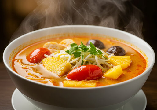 Steaming bowl of vibrant Vietnamese Canh Chua, a traditional sour soup featuring pineapple, tomatoes, mushrooms, and fresh herbs, served hot.