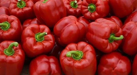 Vibrant Red Bell Peppers: A Close-Up of Fresh, Glossy Produce with Green Stems