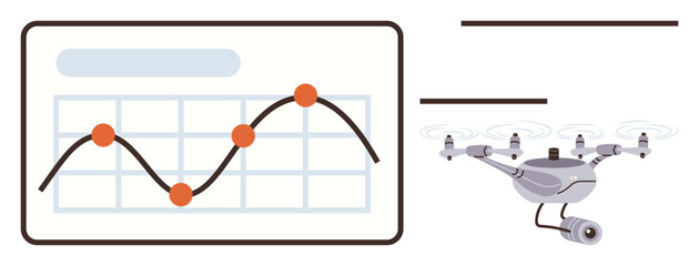 Obraz premium Line graph with trend points alongside a camera-equipped drone for observation. Ideal for analytics, statistics, technology, surveying, logistics, innovation, security. Simple flat metaphor