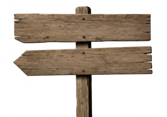 A rustic wooden directional signpost with two weathered boards and an arrow pointing left, isolated on transparent background