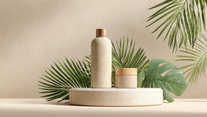Beige cosmetic bottles and jar on a light beige pedestal, surrounded by tropical foliage