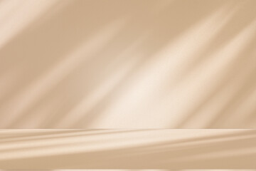 Wall interior background, studio and backdrops show products. with leaf shadow from window color beige and white. background for text insertion and presentation of product	