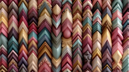 Colorful, ornate picture frames arranged in a chevron pattern