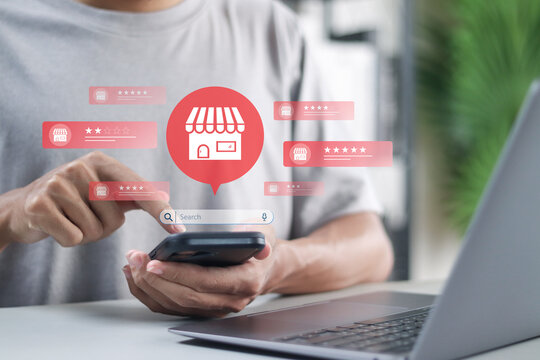 Local seo strategy concept, Local Search Marketing, digital marketplace for local business visibility digital marketing strategy. Digital marketing based on location, customer ratings and reviews.