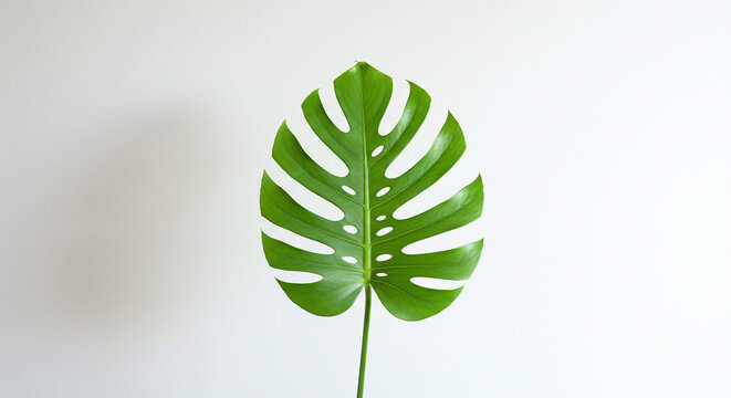 Vibrant Green Monstera Deliciosa Leaf Isolated on White Background - Tropical Plant Photography