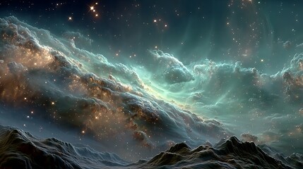 Cosmic nebula with glowing stars and rocky terrain space galaxy