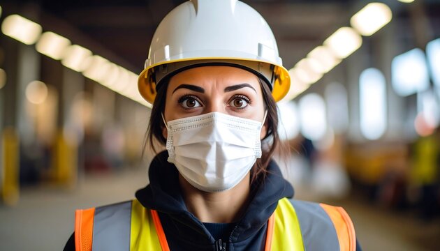 Woman in safety gear, focused gaze