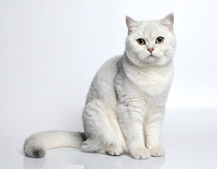 Studio shot of a British Shorthair cat sitting, pure white seamless background