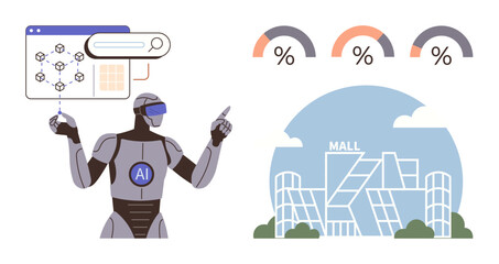 Humanoid robot with AI logo pointing at data and search interface, alongside percentage metrics and mall building illustration. Ideal for AI, data analysis, retail trends, innovation, automation