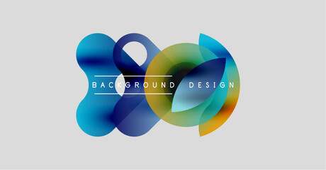 Abstract flowing shapes, vibrant colors, modern design. Background features overlapping translucent forms, creating dynamic visual effect.