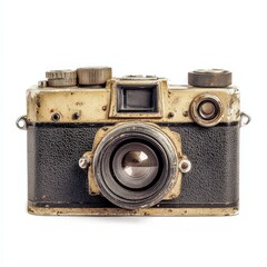 Old, weathered camera, cream and black body, lens focused