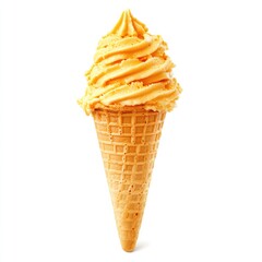 Golden ice cream in a waffle cone, isolated on white