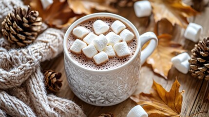 A cozy mug of hot cocoa with marshmallows on a wooden table with autumn leaves and a knitted scarf.