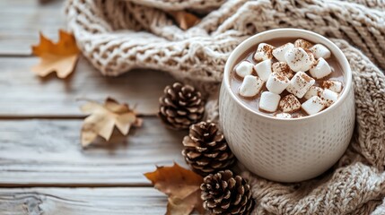 A cozy autumn scene with a warm cup of hot cocoa and marshmallows on a textured beige scarf, surrounded by autumn leaves and pine cones on a wooden table.