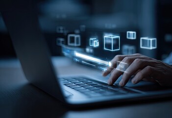 Close-up of hands typing on a laptop, holographic boxes floating above the keyboard